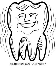 Root tooth cartoon character with problem and solution. Dental care for healthy teeth. Medical professional checkup and treatment. Hand drawn illustration. Comic personage with emotions vector drawing