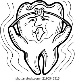 Root tooth cartoon character with problem and solution. Dental care for healthy teeth. Medical professional checkup and treatment. Hand drawn illustration. Comic personage with emotions vector drawing