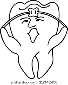 Root tooth cartoon character with problem and solution. Dental care for healthy teeth. Medical professional checkup and treatment. Hand drawn illustration. Comic personage with emotions vector drawing
