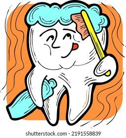 Root tooth cartoon character with problem and solution. Dental care for healthy teeth. Medical professional checkup and treatment. Hand drawn illustration. Comic personage with emotions vector drawing