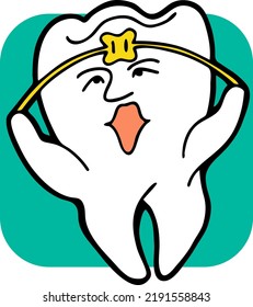 Root tooth cartoon character with problem and solution. Dental care for healthy teeth. Medical professional checkup and treatment. Hand drawn illustration. Comic personage with emotions vector drawing