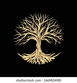 Root or tree, tree of life vector symbol with a circle shape. Beautiful illustration of isolated root with gold color .eps10