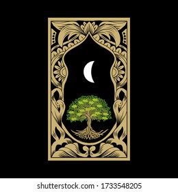 Root or tree, tree of life vector symbol with engraving style. Beautiful illustration of isolated root with gold color .eps10