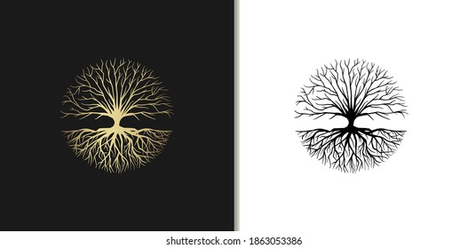 Root or tree, tree of life vector symbol with a circle shape. Beautiful illustration of isolated root with gold color.	
