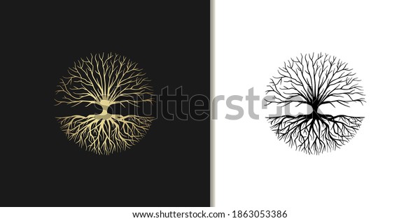 Root\
or tree, tree of life vector symbol with a circle shape. Beautiful\
illustration of isolated root with gold\
color.	\
