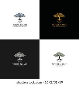Ilustración del logotipo Raíz del árbol. Silueta vectorial de una plantilla de árbol con el logotipo y las raíces del árbol, ilustración del diseño del árbol de vida