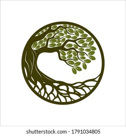 Root Of The Tree logo illustration. Vector silhouette of a tree, Progettazione del paesaggio creativo concetto vettoriale. Targa organica con albero con radici all'interno del cerchio su sfondo.