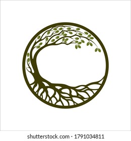 Root Of The Tree logo illustration. Vector silhouette of a tree, Progettazione del paesaggio creativo concetto vettoriale. Targa organica con albero con radici all'interno del cerchio su sfondo.