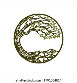 Root Of The Tree logo illustration. Vector silhouette of a tree, Progettazione del paesaggio creativo concetto vettoriale. Targa organica con albero con radici all'interno del cerchio su sfondo.