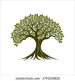 Ilustración del logotipo Raíz del árbol. Silueta vectorial de un árbol, Progettazione del paesaggio creativo concetto vettoriale. Targa organica con albero con radici all'æcerchio su sfondo.