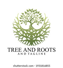 Root Of The Tree logo illustration. Vector silhouette of a tree,Abstract vibrant tree logo design, root vector - Tree of life logo design inspiration isolated on white background.
