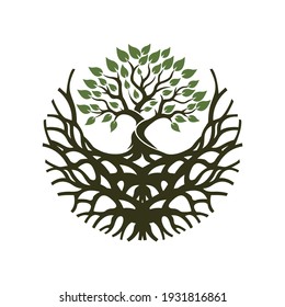 Root Of The Tree logo illustration. Vector silhouette of a tree,Abstract vibrant tree logo design, root vector - Tree of life logo design inspiration isolated on white background.