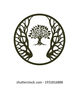 Root Of The Tree logo illustration. Vector silhouette of a tree,Abstract vibrant tree logo design, root vector - Tree of life logo design inspiration isolated on white background.