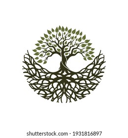 Root Of The Tree logo illustration. Vector silhouette of a tree,Abstract vibrant tree logo design, root vector - Tree of life logo design inspiration isolated on white background.