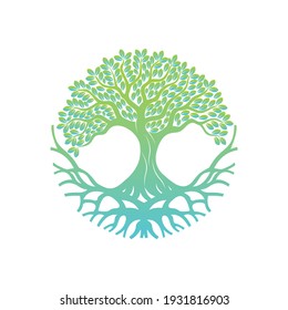 Root Of The Tree logo illustration. Vector silhouette of a tree,Abstract vibrant tree logo design, root vector - Tree of life logo design inspiration isolated on white background.