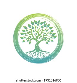 Root Of The Tree logo illustration. Vector silhouette of a tree,Abstract vibrant tree logo design, root vector - Tree of life logo design inspiration isolated on white background.