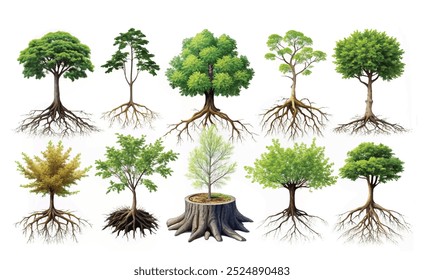 Raiz com coto de árvore. Dendrologia, estudo de plantas lenhosas, isoladas sobre fundo branco