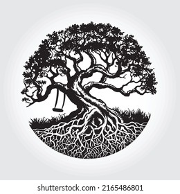 Root Of The Tree vector illustration with the swing under the tree, this logo symbolize a protection, peace,tranquility, growth, and care.