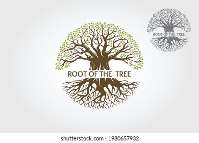 Root Of The Tree Vector Logo Template. This logo depicts a tree whose roots and branches are connected to form one unit. This concept can be used for recycling, environmental associations, landscape. 