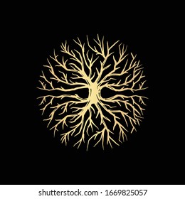 Root or tree vector symbol with a circle shape. Beautiful illustration of isolated root with gold color .eps10