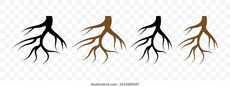 Root vector set isolated. Root, taproot vector isolated. Wood growth, plant system, eco pattern, natural organic shapes.  Plant root system. Realistic black roots vector illustration. 