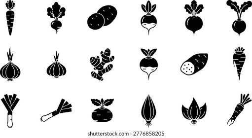 Root vegetable icons collection with carrot potato onion beet silhouettes