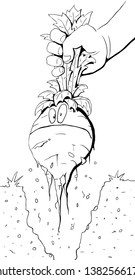 Root vegetable pulled out harvest, funny cartoon line drawing, vector, vertical, over white