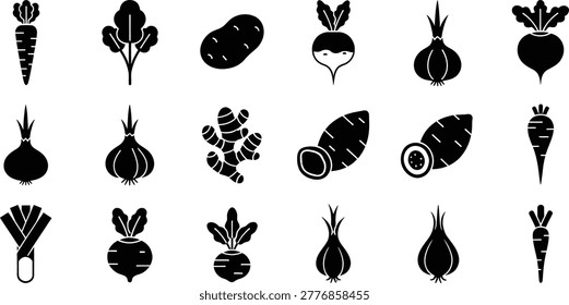 Root vegetable silhouette icons set with carrot potato onion beet crops