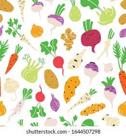 Root vegetables hand drawn seamless pattern background