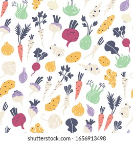 Root vegetables hand drawn seamless pattern background illustration