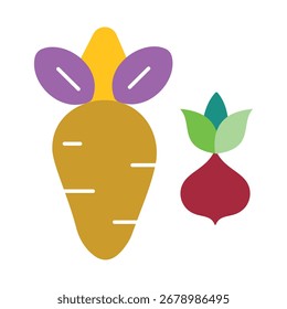 Icono de verduras de raíz. Colorido Vector plano de una zanahoria y rábano. Símbolo de alimentación saludable, alimentos orgánicos, agricultura y nutrición. Gráfico de productos frescos aislados.