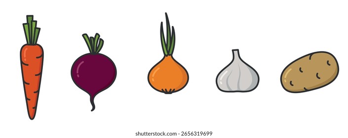 Ilustrações de legumes raiz. Plantação, comida natural e símbolos de colheita. Alimentos orgânicos naturais. Imagens vetoriais isoladas