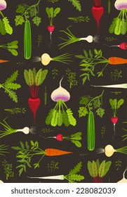 Root Vegetables with Leafy Tops Dark Seamless Pattern Background. Healthy dieting roots on black. EPS8 vector illustration.