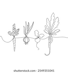 Root Vegetables Line Art - Vector de zanahoria, cebolla, remolacha y rábano  