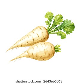 Raízes vegetais com pele amarela pálida e topos verdes folhosos, isolados sobre fundo branco. Perfeito para culinária saudável ou ilustrações agrícolas.