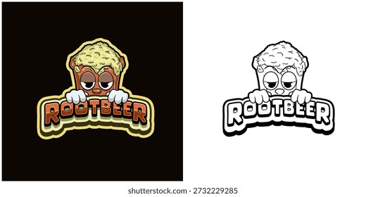 Logo de dibujos animados de Rootbeer con texto y una alta expresión. Diseño a todo color y en blanco y negro. Diseño para pegatina, etiqueta, cubierta, embalaje, camiseta, negocio y Producto. VECTORES y ILUSTRACIONES