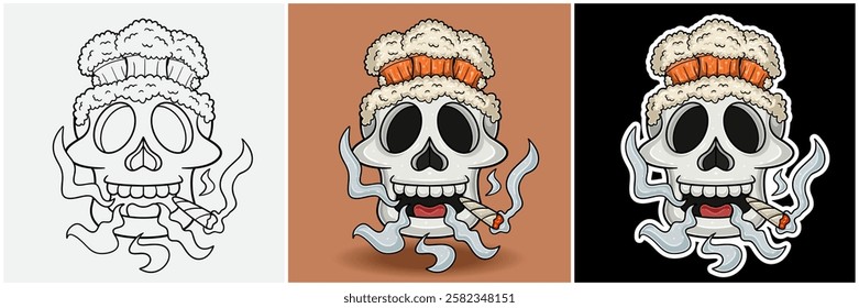 Rootbeer Inside Skull Head With Smoking Character Cartoon. Black White, Colorful and Sticker Style. For T shirt print, Brand Logo, Label and Mascot product. Vectors Illustrations