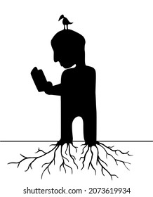 Dibujo de la silueta de la escena del lector con raíces en negro, ilustración vectorial, horizontal, sobre blanco
