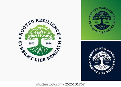 Verwurzelte Stabilität: Stärke liegt unter dem Logo: Ein robustes Design mit tiefen Wurzeln und einem robusten Baum, der innere Stärke und Ausdauer symbolisiert. Layered EPS Vector