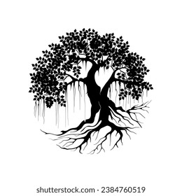 rooted tree design. banyan tree with circular shape vector illustration isolated on white background.