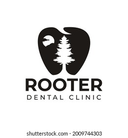 rooter dental clinic, negative space tooth and pine with night scene for dental office