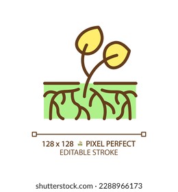 Rooting plant cutting green RGB color icon. Propagation method. Artificial reproduction. Spring growth. Young sprout. Isolated vector illustration. Simple filled line drawing. Editable stroke
