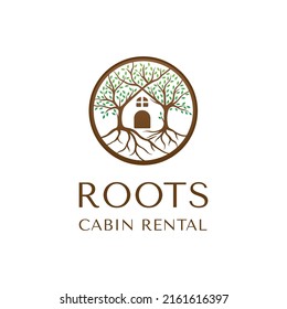 Roots cabin logo with tree symbol logo design template