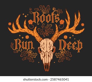 Roots Run Deep. Typography features bold, ornate lettering in a manuscript, gothic letters style, with witchy decorative elements like antlers, flowers, and leaves. Color scheme is magical and mystic