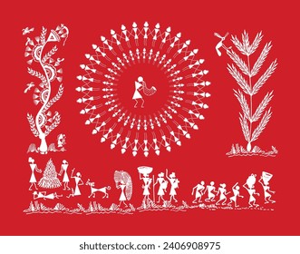 Roots of Rural Life: Warli Tree Illustration. Traditional Warli Illustration, Rural Life Wall Art, Tree of Life Abstraction, Ethnic Wall Decor Elegance, Folk Art Serenity.