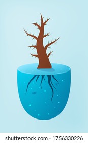 The roots of the tree go into the water. Tree with green leaves. Fish and air bubbles under water. Vector illustration design for your project.  