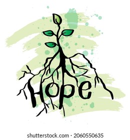 Árbol de raíces y esperanza de texto, ilustración de dibujo a mano.