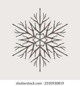 Roots winter snowflake shape, brown icon. A snow crystal made from tree roots. Isolated on a pale background.