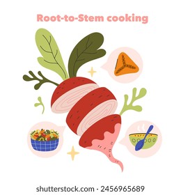 Root-to-Stem cooking concept. Sustainable culinary approach using whole vegetables. Waste reduction, nutritious meals preparation. Vector illustration.