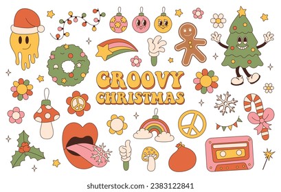 roovy hippie Christmas stickers. Santa Claus, Christmas tree, gifts, rainbow, peace, holly jolly vibes, ho ho ho, winter, gingerbread in trendy retro cartoon style. Cartoon characters and elements